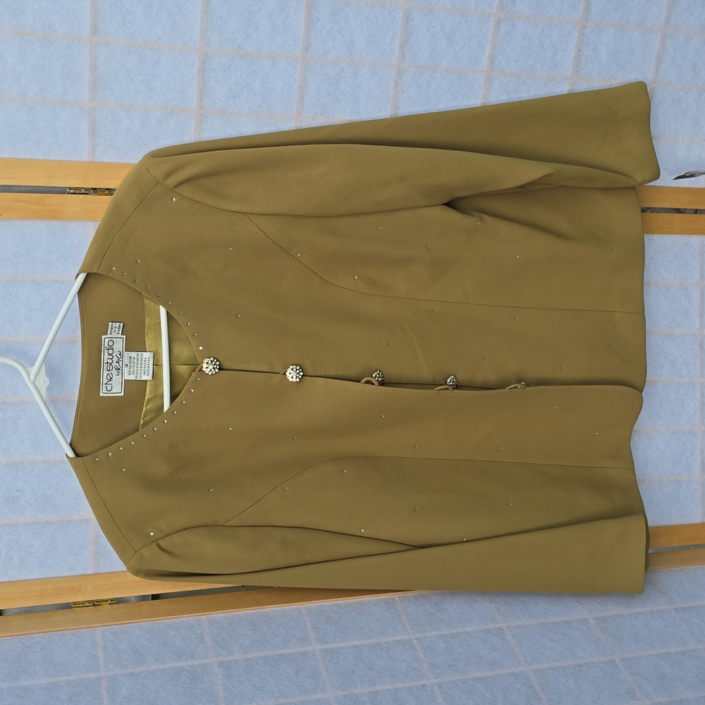 Womens Olive Green Embellished Button Down Collarless Round Neckline Blazer 14